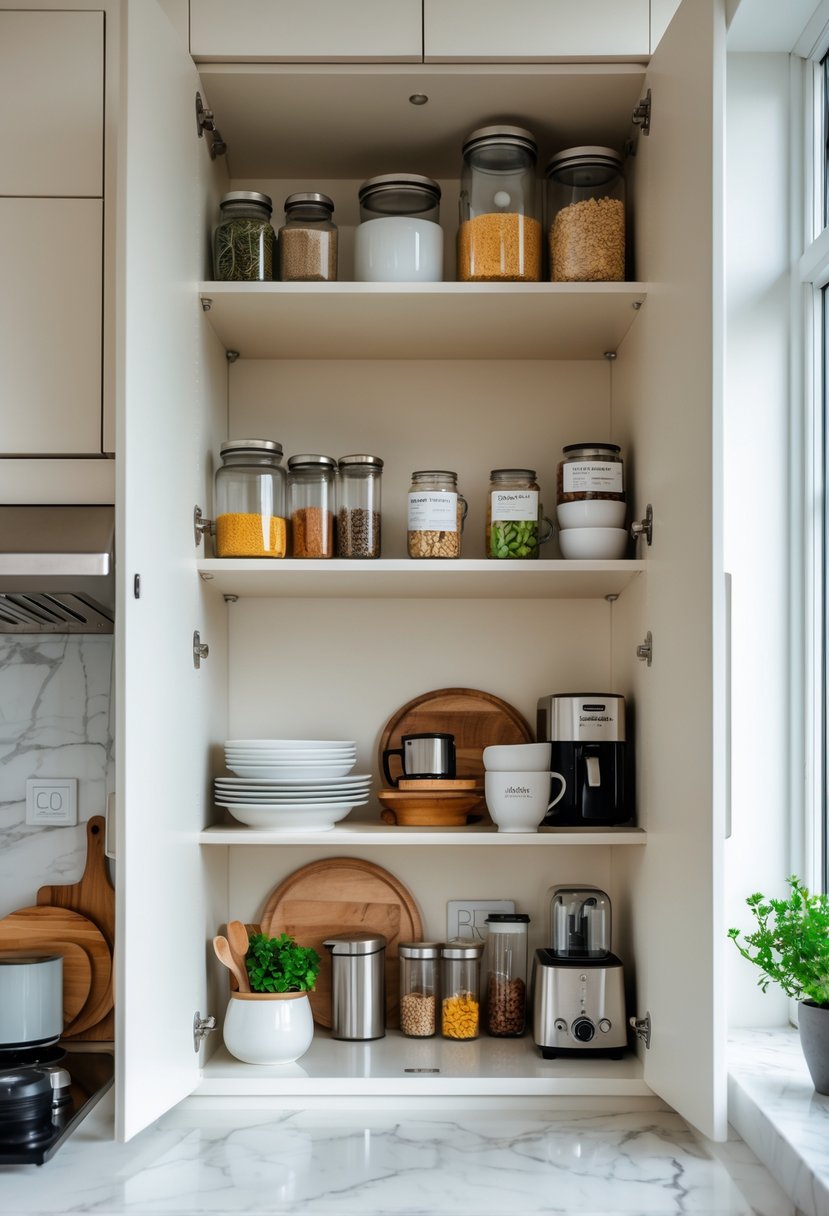 Open kitchen cupboard neatly organized with jars, plates, bowls, and kitchen items in a modern kitchen.