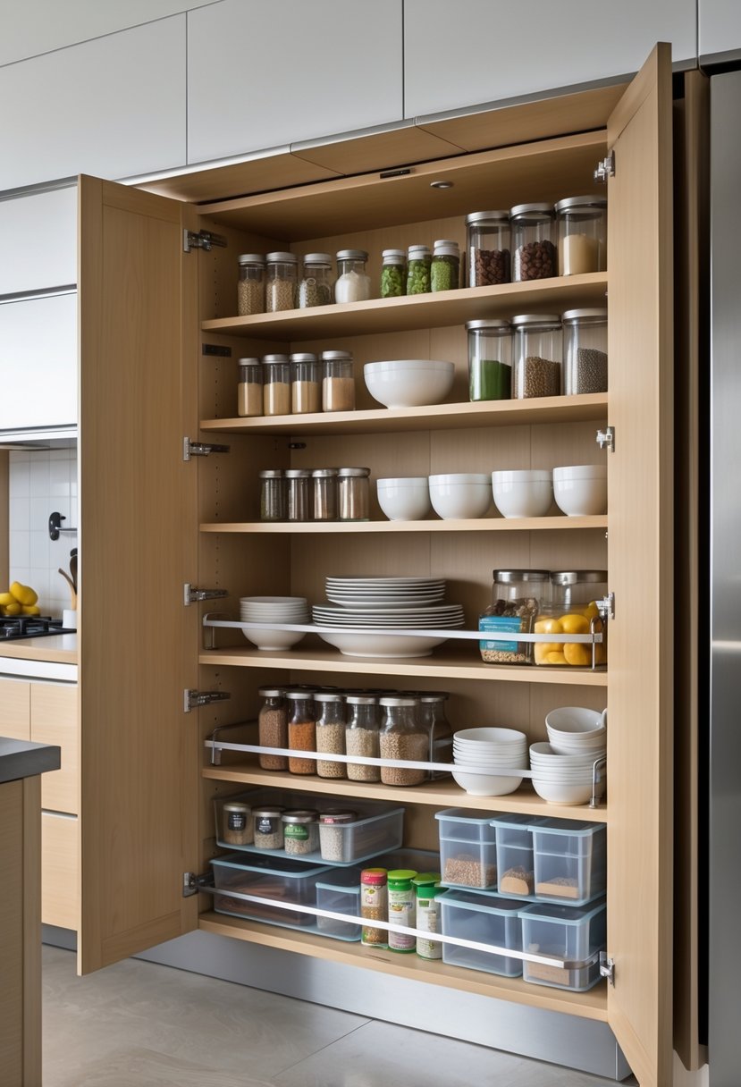 Open kitchen cupboard with neatly arranged shelves and organized kitchen items such as jars, plates, bowls, and utensils.