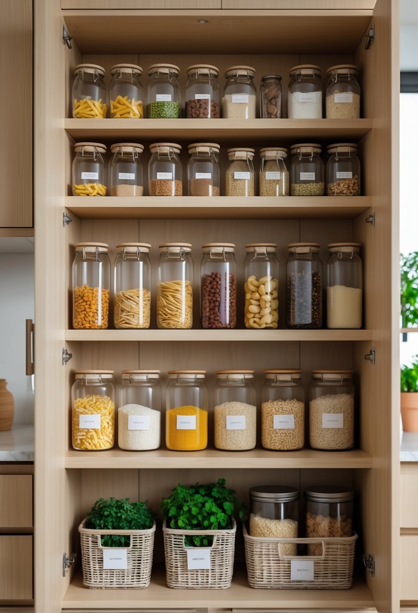 A kitchen cupboard with neatly arranged jars, containers, and baskets holding dry goods and herbs.