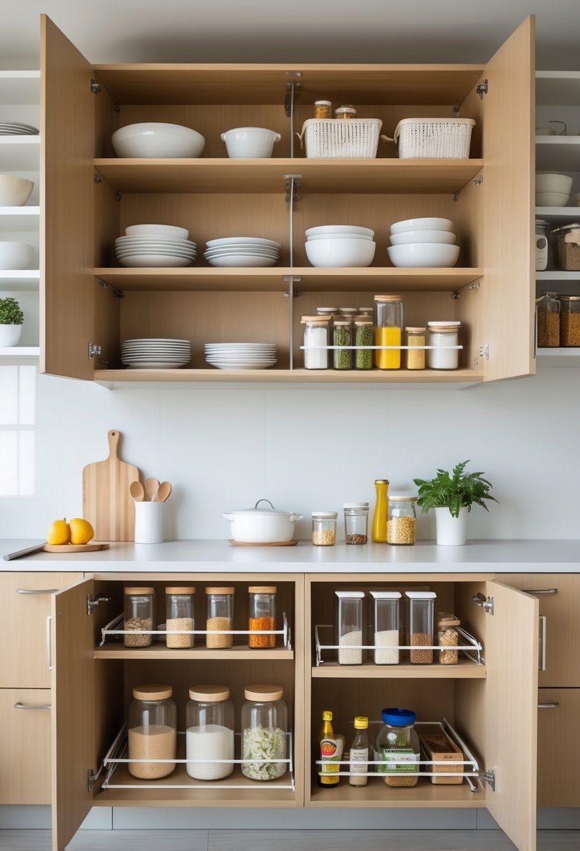 A modern kitchen with open cupboards showing neatly organized shelves with plates, bowls, jars, and storage containers using space-saving solutions.