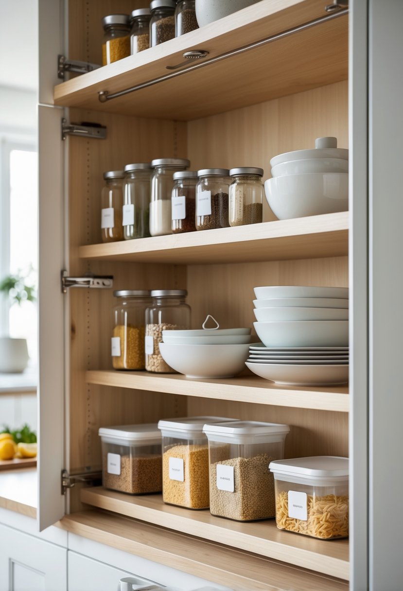 Open kitchen cupboard with neatly arranged jars, plates, bowls, and containers in a bright kitchen.