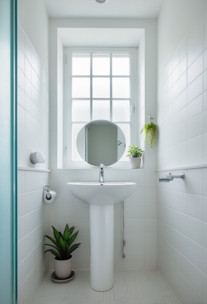 A small bathroom with a white pedestal sink, a round mirror, and a small plant on a shelf.