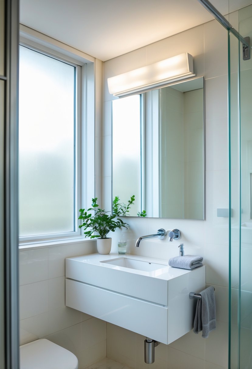 Small bathroom with a large wall mirror above the sink reflecting the room to create an illusion of depth.