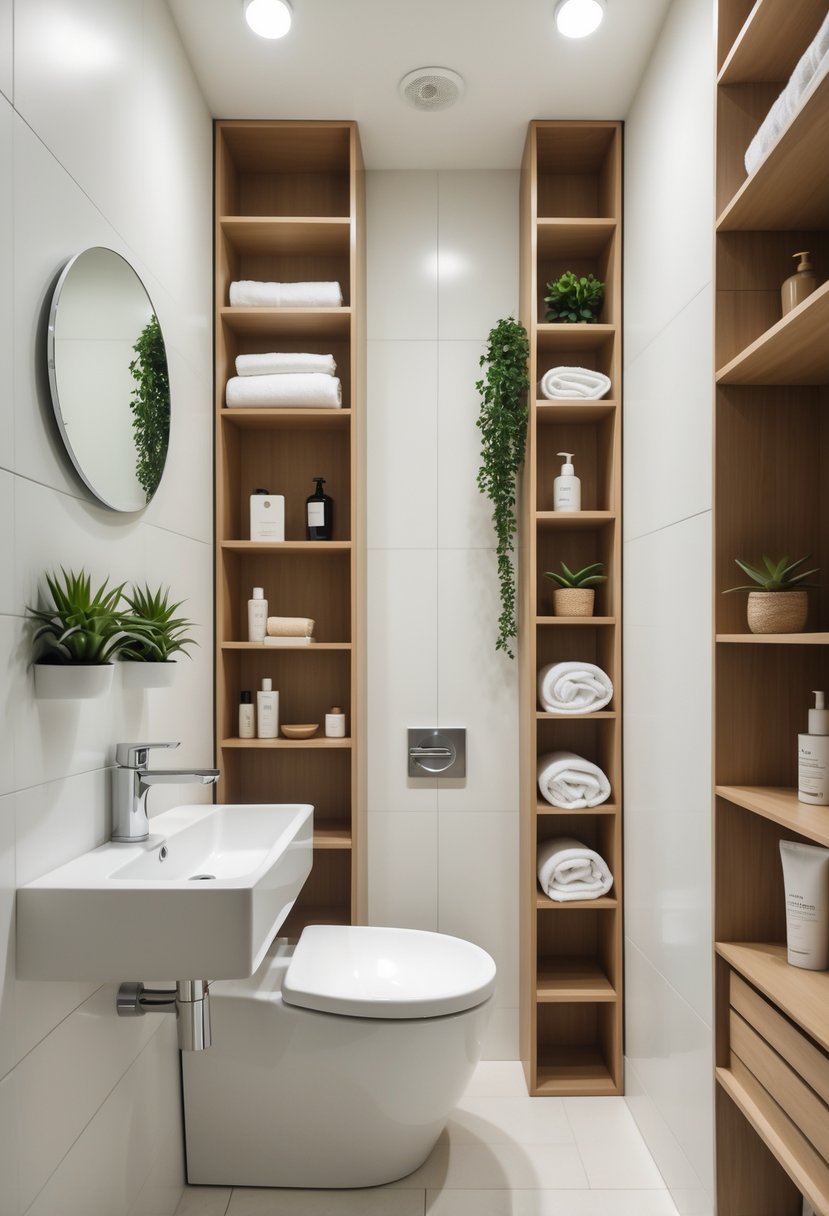 A small bathroom with tall shelving units used for vertical storage, neatly organized with towels and plants.