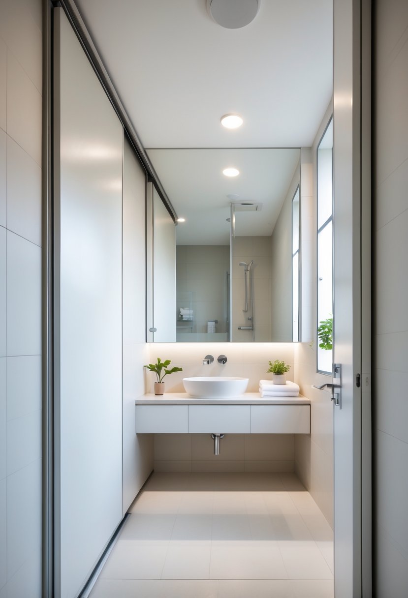 A small bathroom with a sliding door, a wall-mounted sink, a mirror, and neatly arranged towels.