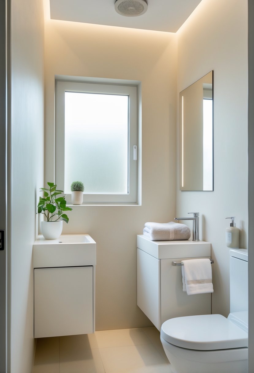 A small bathroom with light neutral-colored walls, a white vanity with a sink, a mirror, and natural light coming through a frosted window.