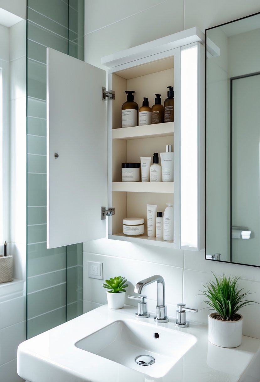 Small bathroom with a recessed medicine cabinet open above the sink showing organized toiletries inside.