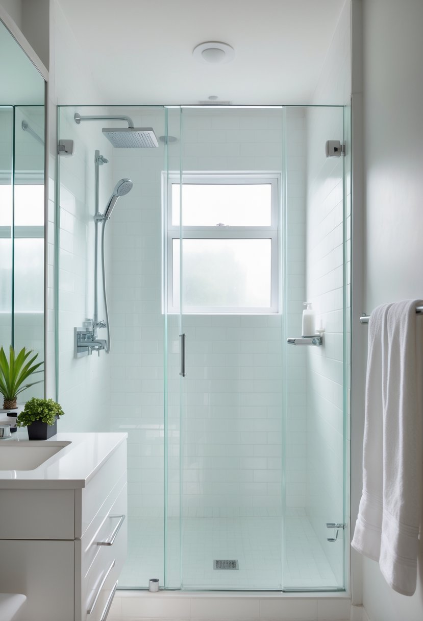 A small bathroom with clear glass shower doors, a white vanity, and a potted plant.