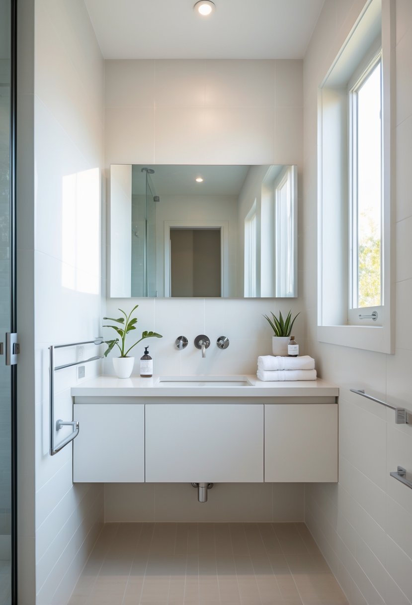 A small bathroom with a floating vanity mounted on the wall, showing clear floor space underneath and a large mirror above.
