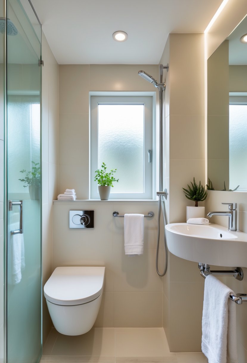 Small bathroom with a corner sink, wall-mounted toilet, walk-in shower, and natural light coming through a frosted window.