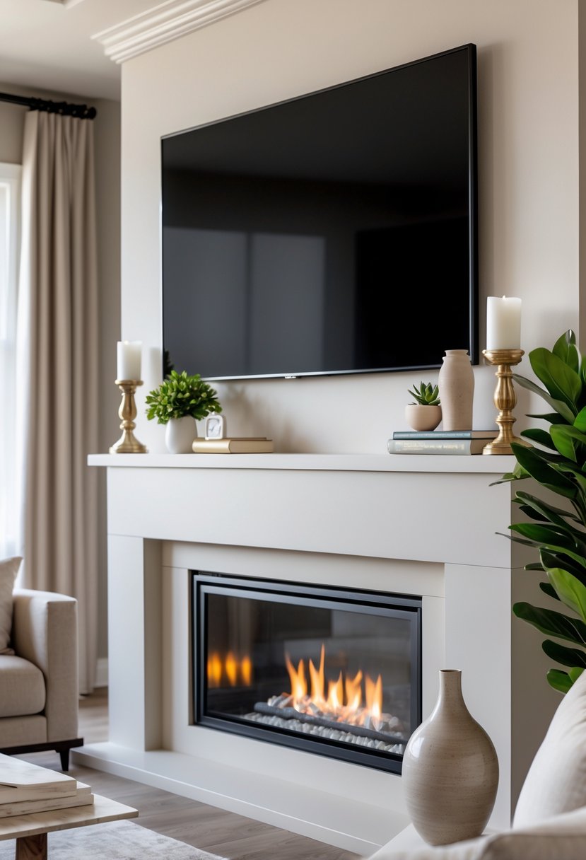 A living room with a decorated fireplace mantel and a flat-screen TV mounted above it.