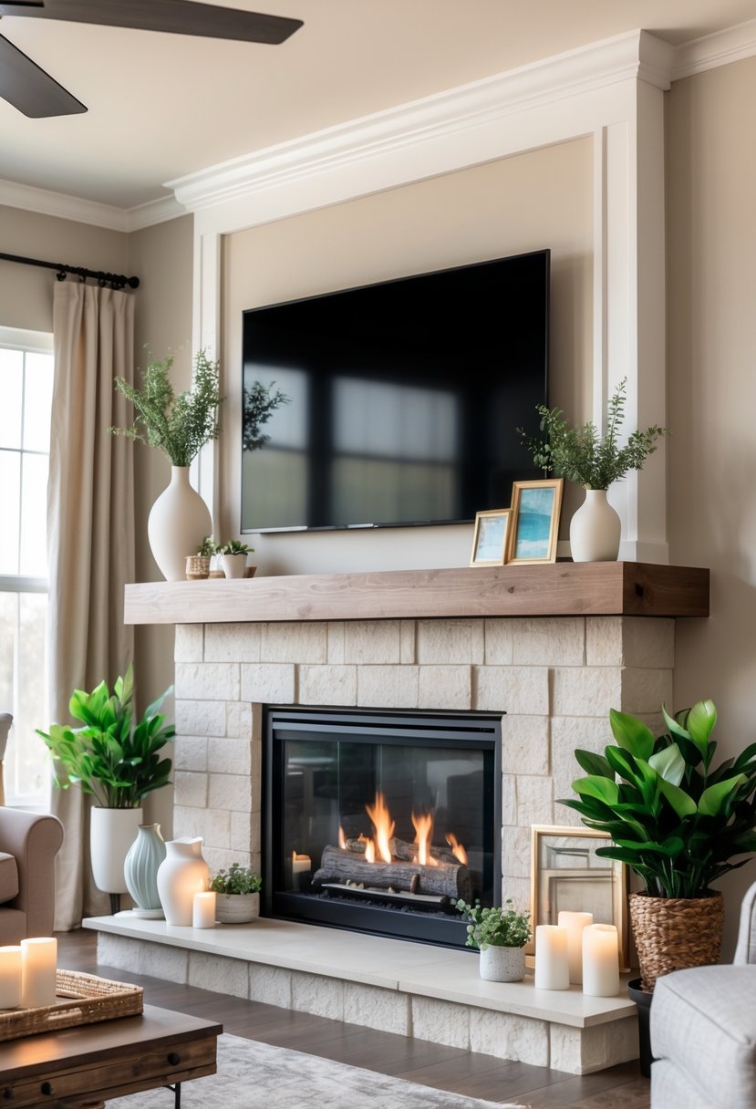Living room with a fireplace mantel decorated with vases, plants, and candles, and a flat-screen TV mounted above the mantel.