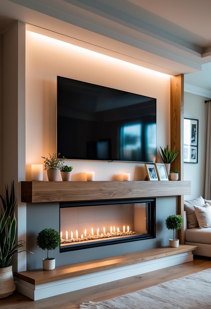A living room with a flat-screen TV mounted above a fireplace mantel decorated with plants and candles.