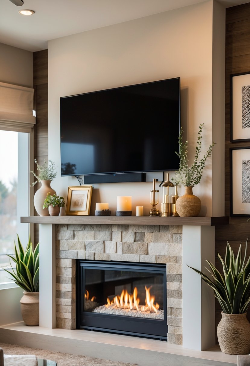 Living room with a fireplace mantel decorated with vases, plants, candles, and a flat-screen TV mounted above it.
