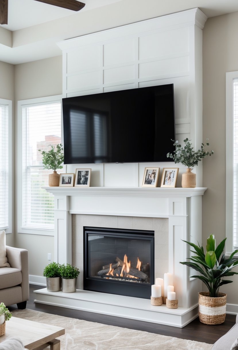 Living room with a decorated fireplace mantel and a flat-screen TV mounted above it.