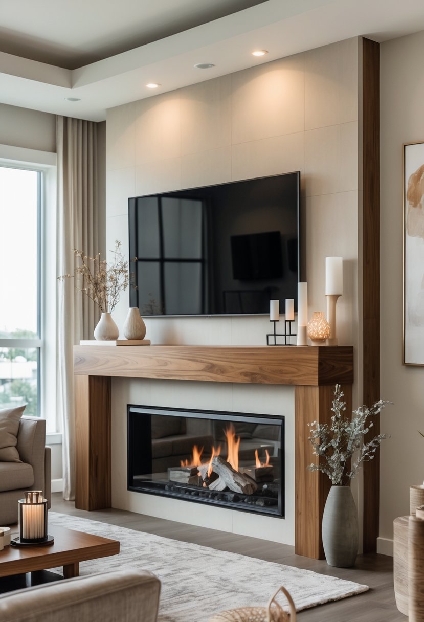 A living room with a decorated fireplace mantel and a flat-screen TV mounted above it.
