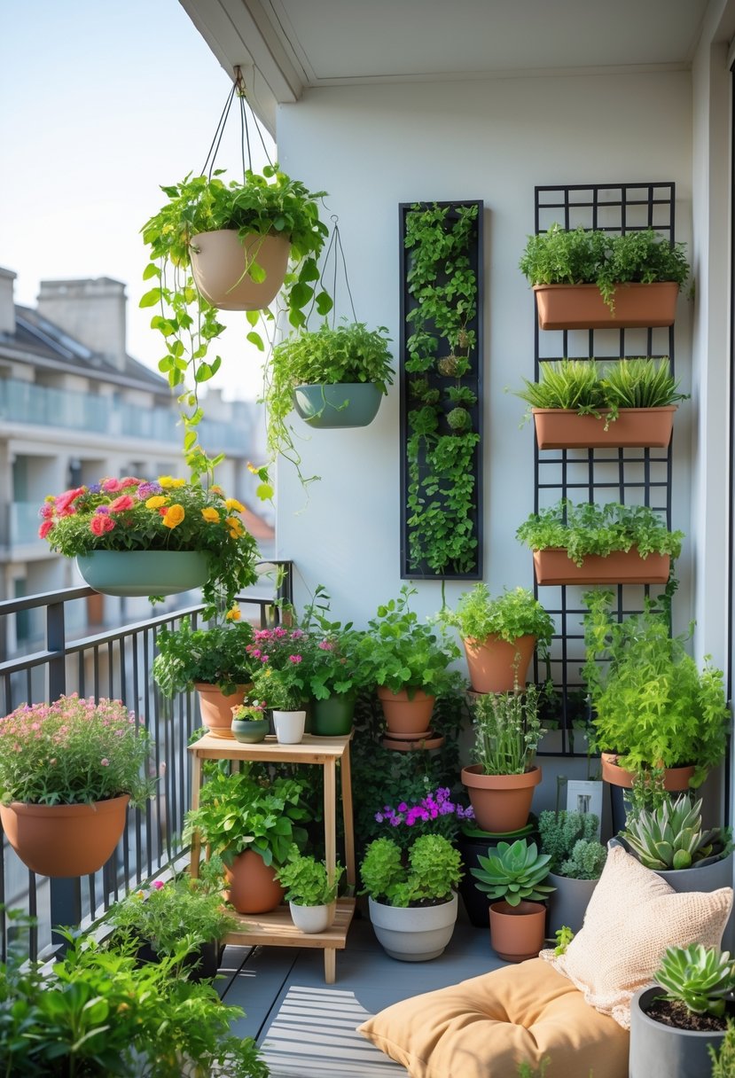 A balcony garden displaying seven different plant arrangements including hanging plants, vertical gardens, potted flowers, herbs, succulents, climbing plants on a trellis, and a seating area surrounded by greenery.