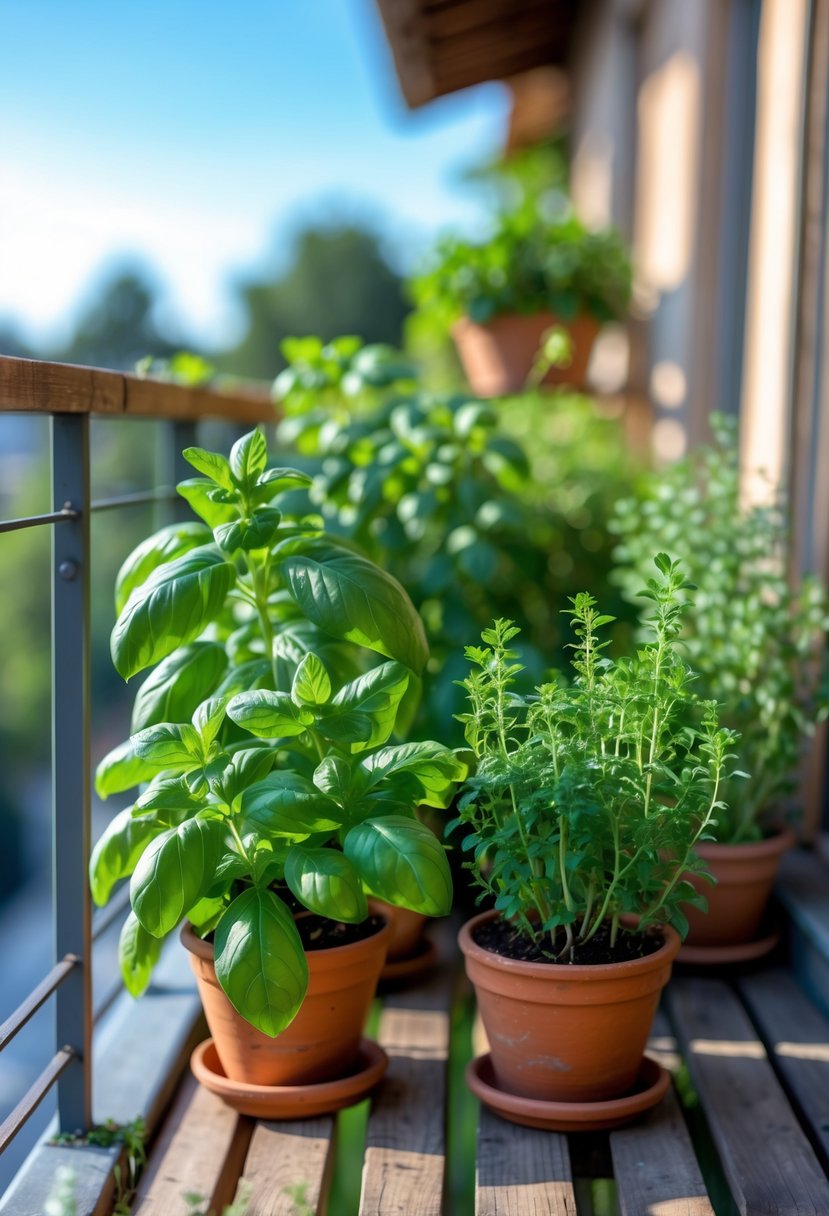A balcony with pots of basil, mint, and thyme plants growing in sunlight.