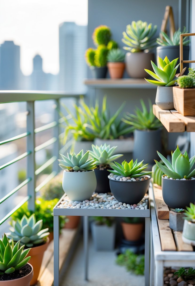 A balcony garden with various potted succulent plants arranged on shelves and a table, overlooking a city view.