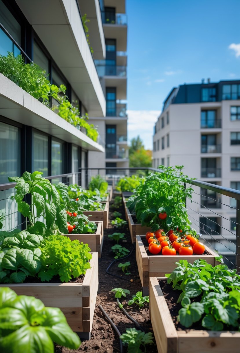A small urban balcony garden with compact raised beds filled with fresh vegetables and herbs on a sunny day.