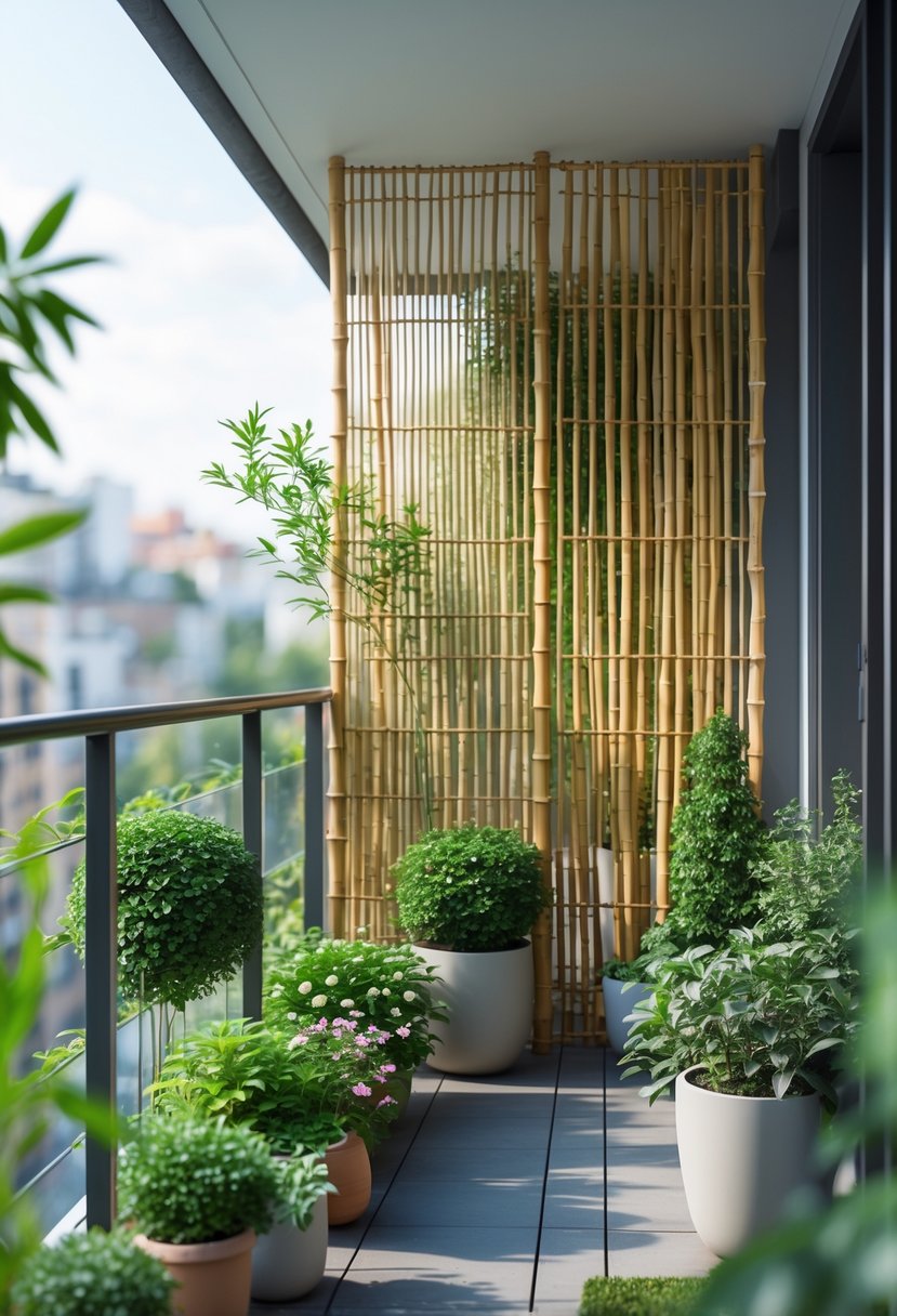 A balcony garden with bamboo screens providing privacy and shade, surrounded by various green plants.