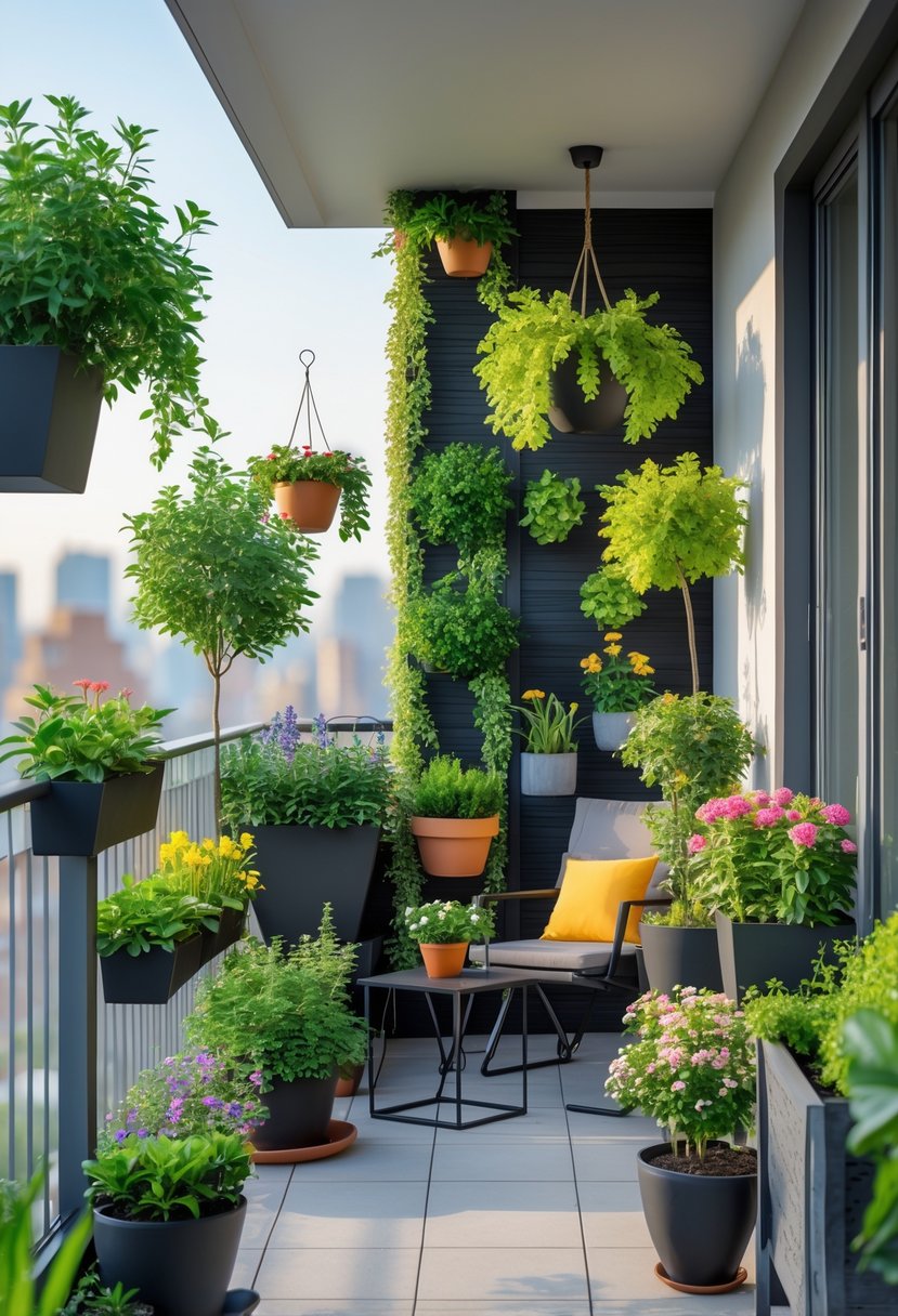 A balcony with various plants in pots and planters, a small seating area, and an urban cityscape in the background.