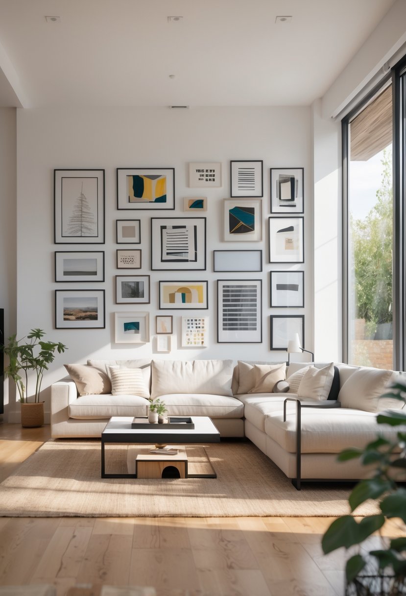 A modern living room with a gallery wall of framed artworks above a sofa, natural light coming through large windows, and indoor plants nearby.