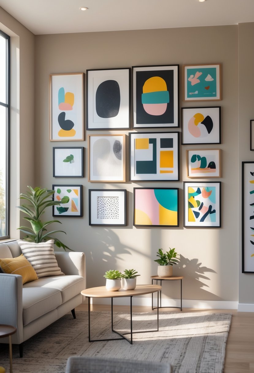 Living room with a sofa and a wall covered in various framed artworks arranged in a decorative layout.