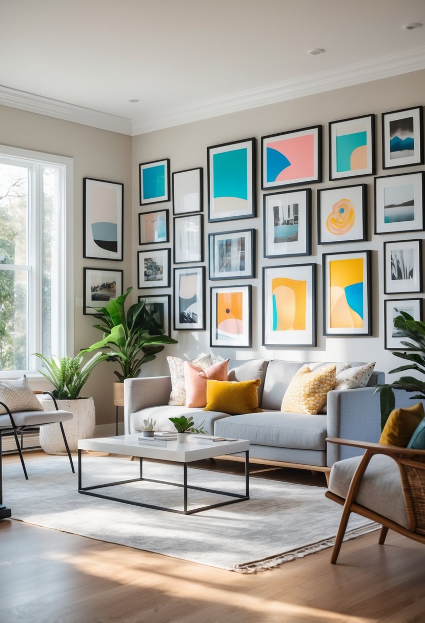Living room with a sofa and a gallery wall displaying various framed artworks and photographs.