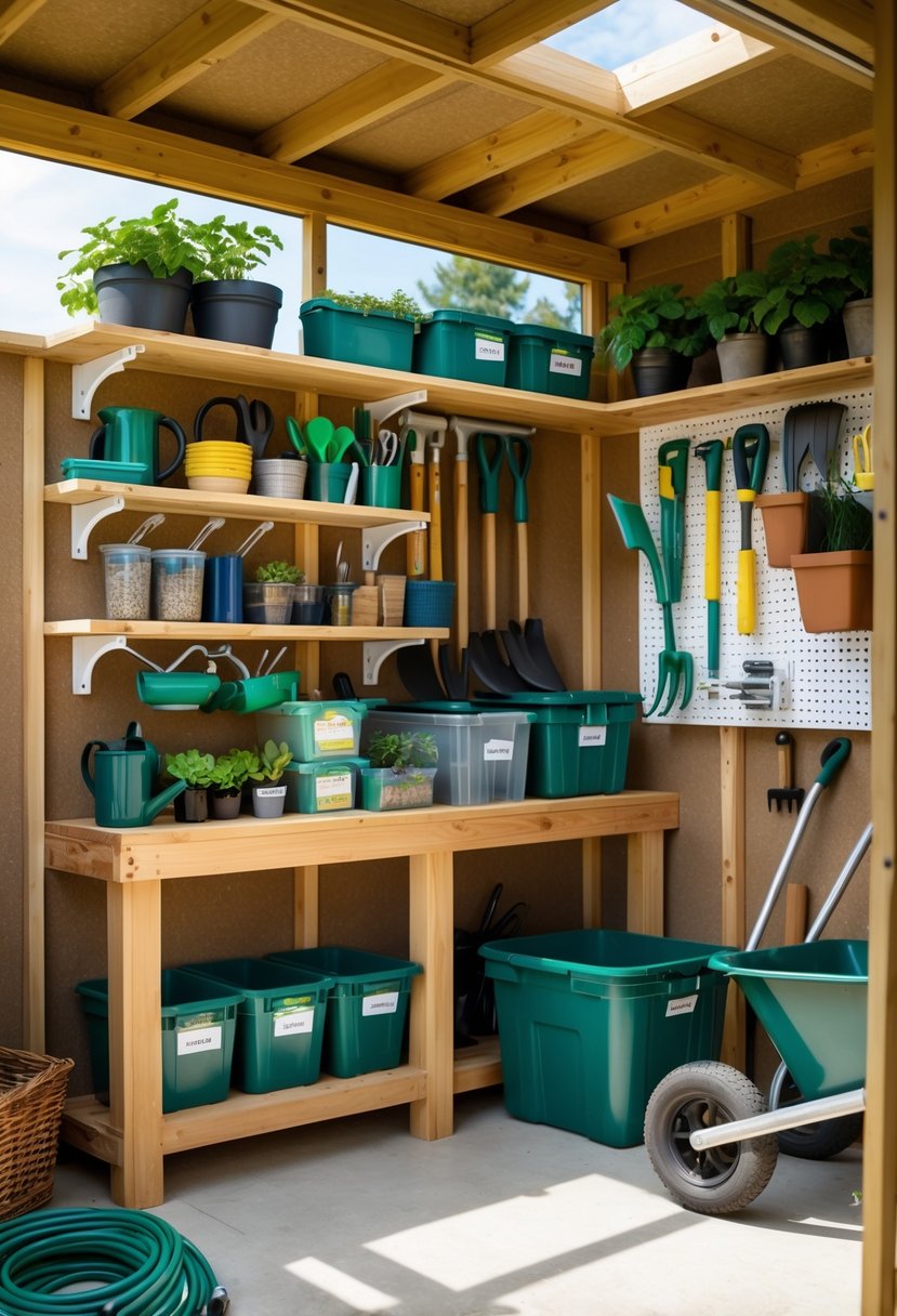 Interior of a tidy garden shed with organized shelves holding gardening tools, bins, and equipment.