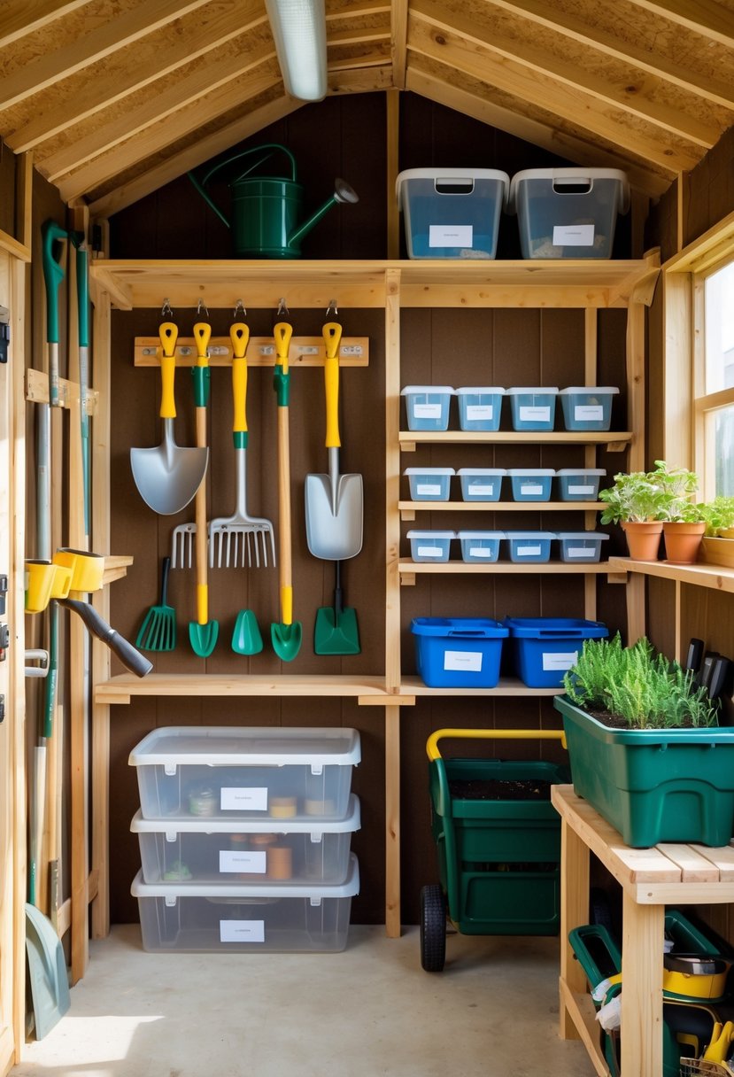 An organized garden shed interior with shelves, hooks holding gardening tools, storage bins, and a potting bench.