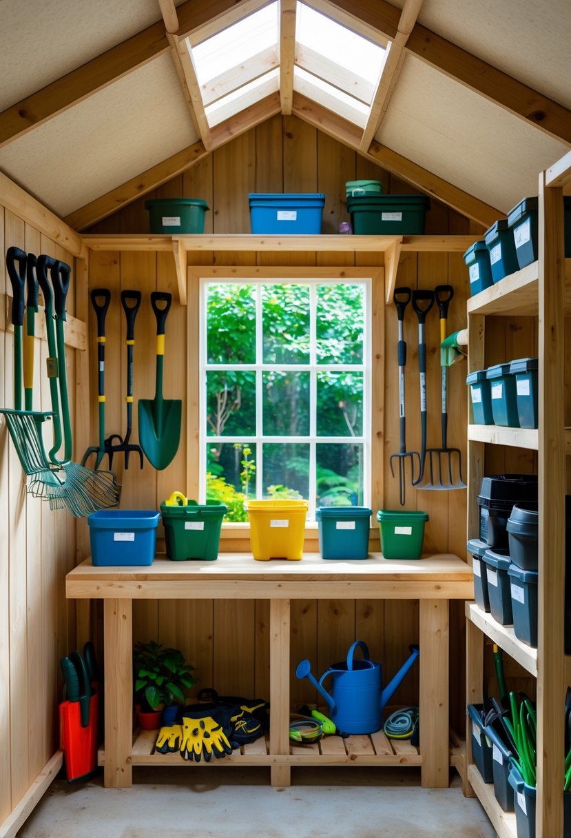 Interior of a garden shed with neatly organized garden tools hanging on racks and shelves holding gardening supplies.