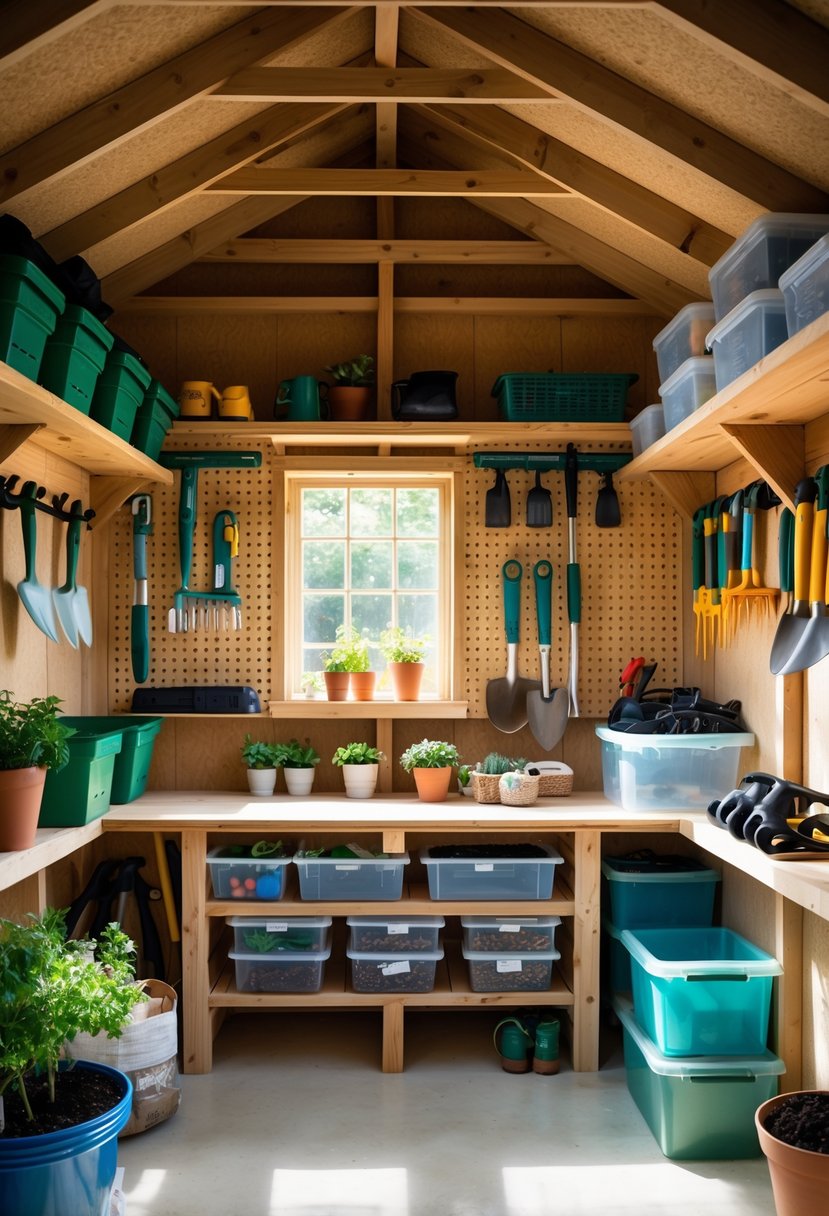 Interior of a garden shed with organized shelves, gardening tools, and storage containers.