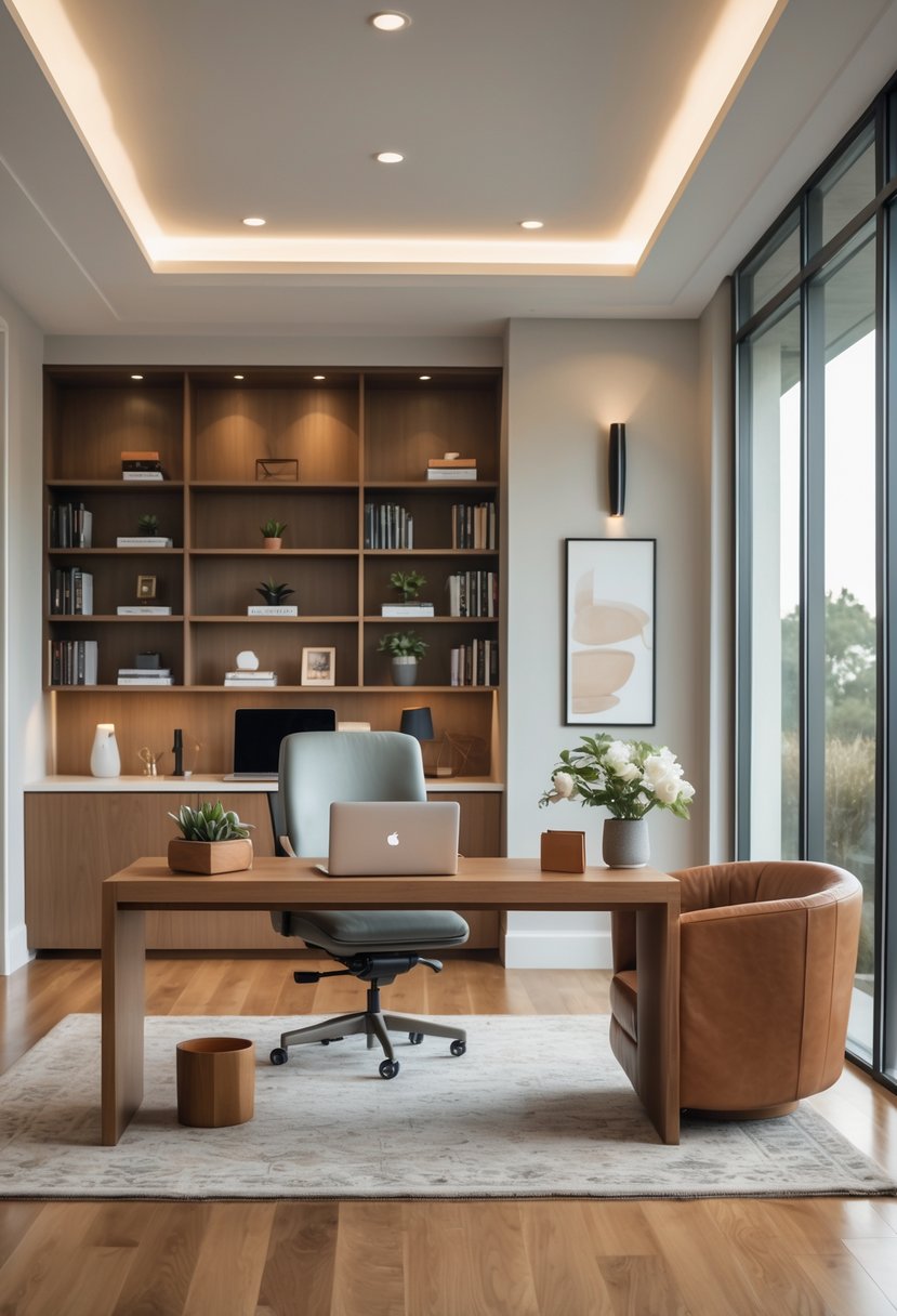 A spacious home office with a wooden desk, ergonomic chair, bookshelf, large windows, and a cozy reading nook with a leather armchair and flowers.