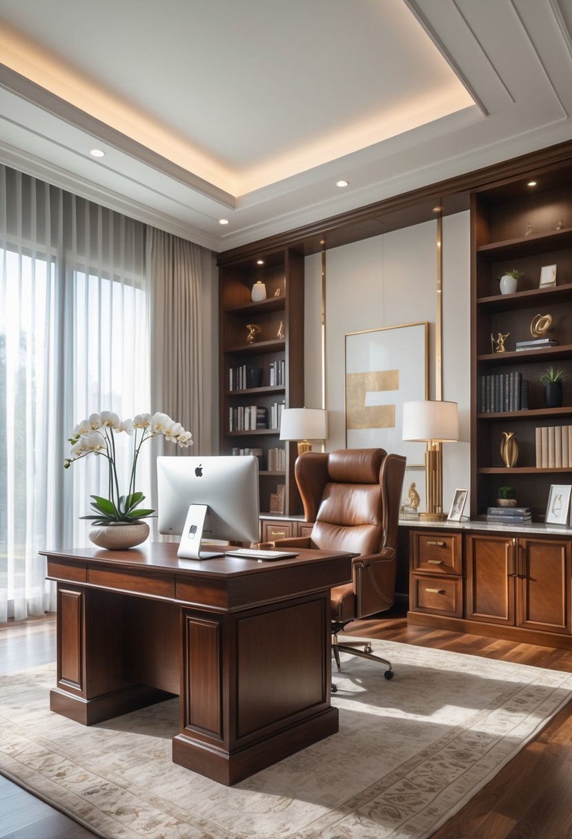 A luxury home office with a large desk, leather chair, bookshelves, and large windows letting in natural light.