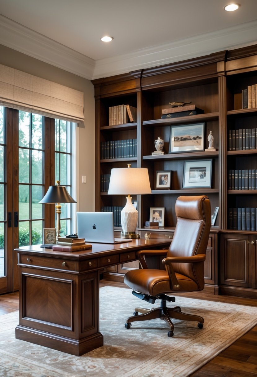 A luxury home office with a wooden desk, leather chair, bookshelves, and personal decorative items.