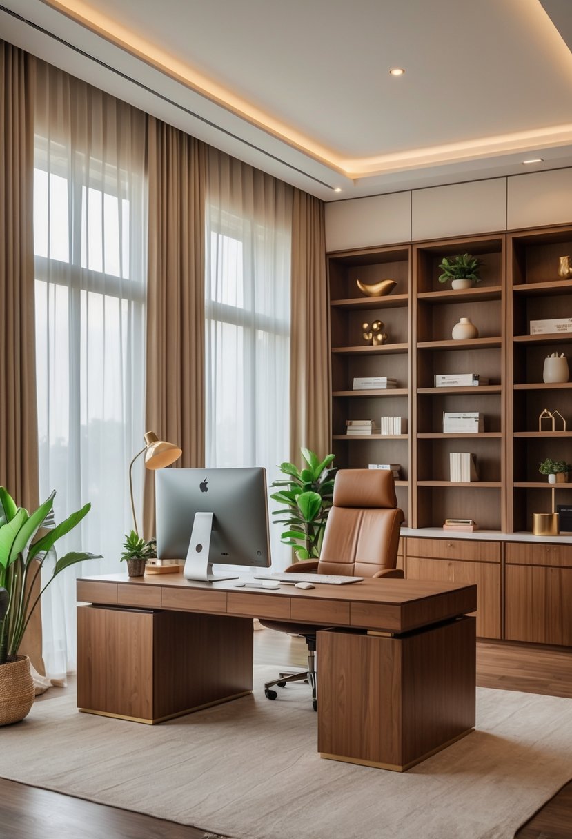 A spacious home office with a large wooden desk, leather chair, computer, bookshelves, and natural light coming through windows.