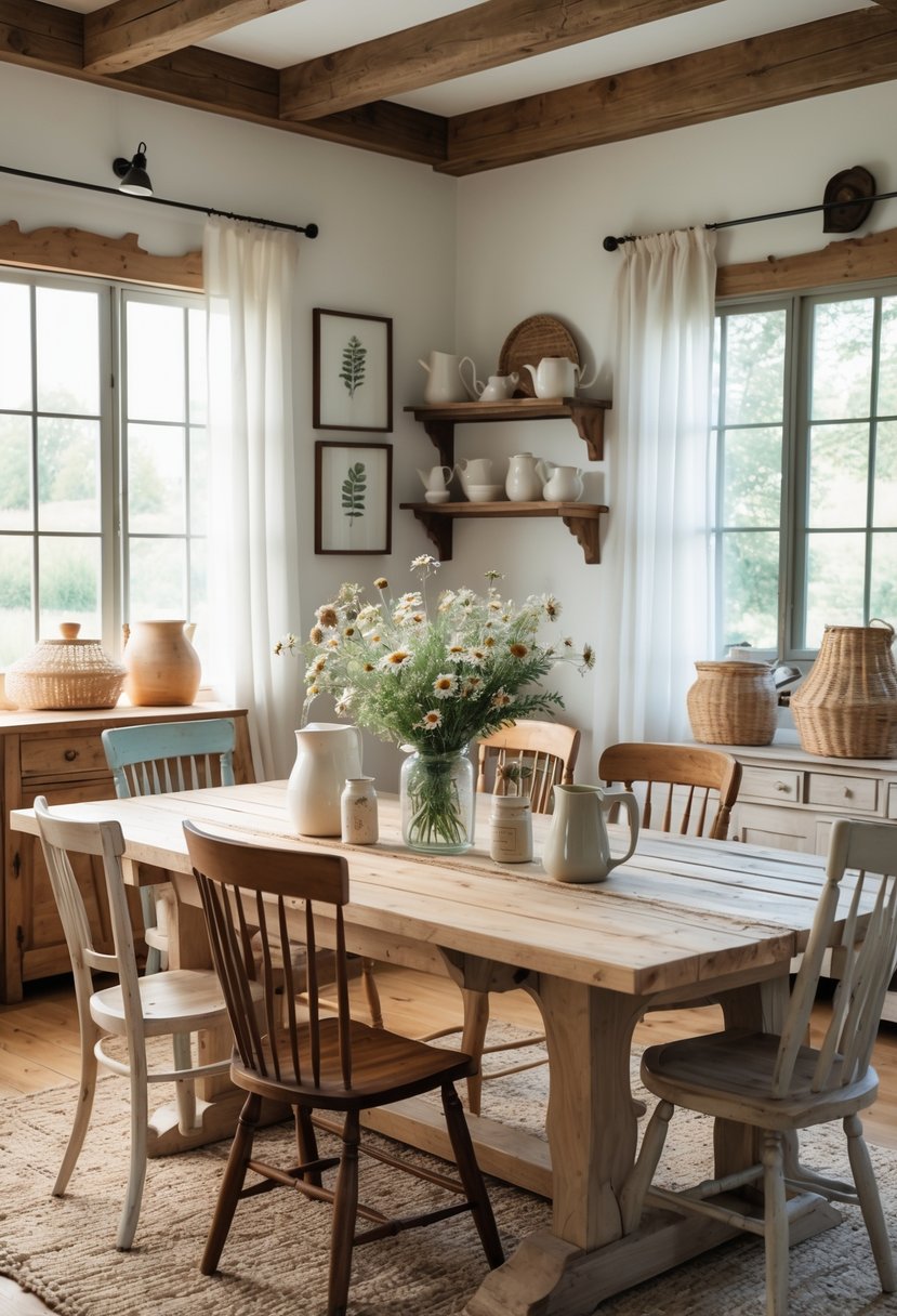 A cozy farmhouse dining room with a wooden table, chairs, fresh flowers, and rustic decorations.