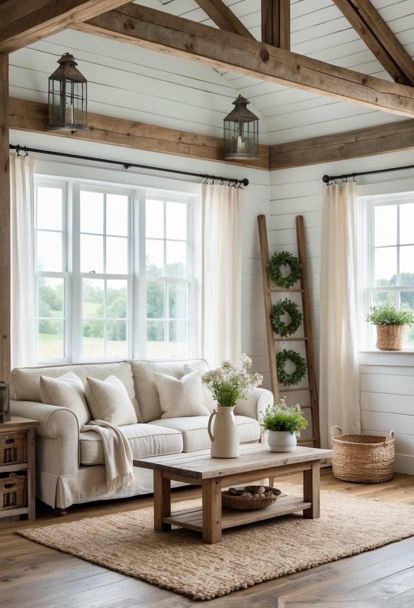 A bright living room with a beige sofa, wooden coffee table, and natural light coming through large windows.