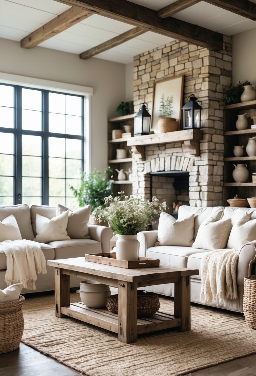 A bright living room with wooden beams, a stone fireplace, neutral furniture, a wooden coffee table with flowers, woven baskets, and potted plants.