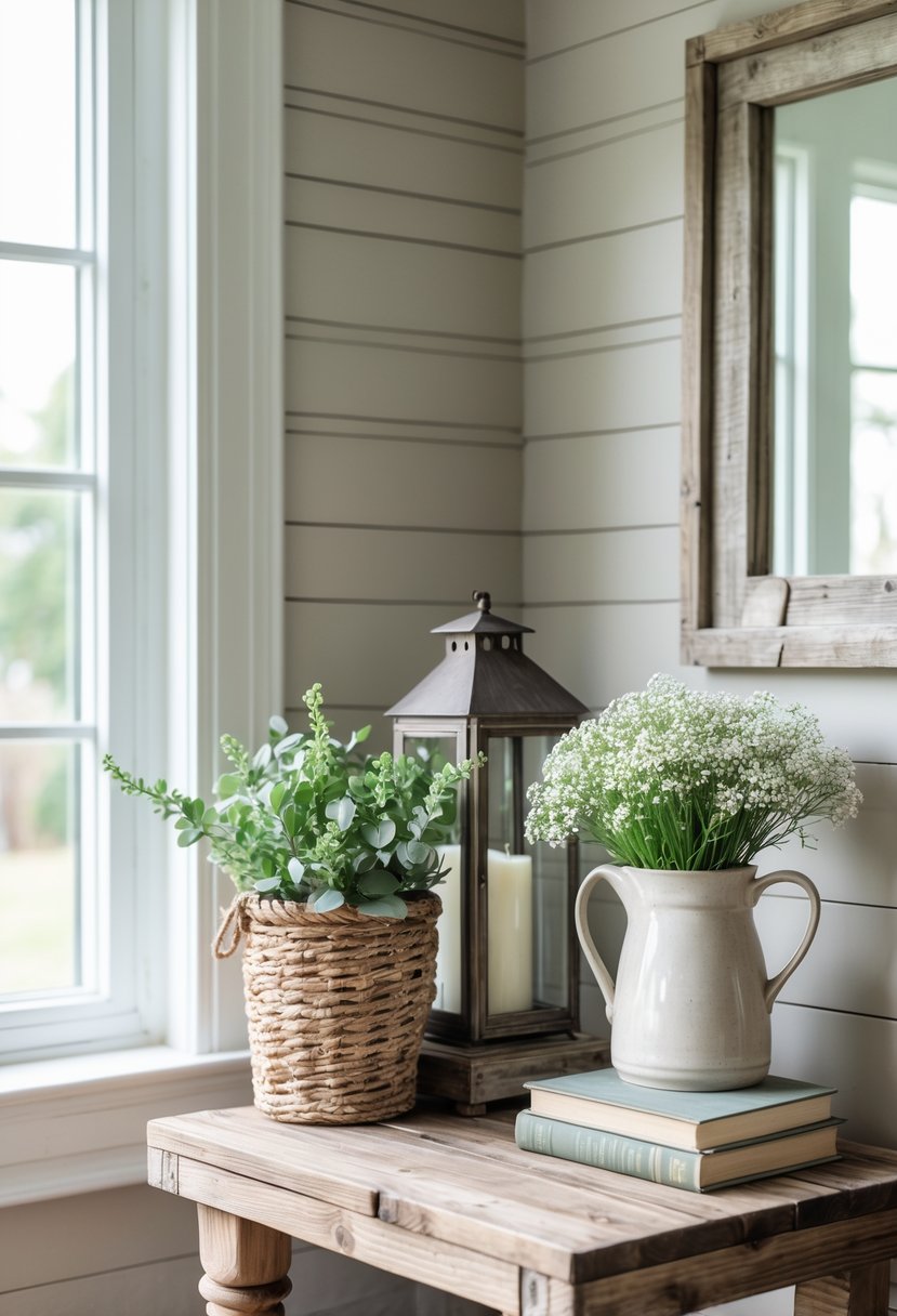 Cozy interior corner with a wooden side table displaying a metal lantern, a basket of greenery, and a ceramic pitcher with flowers near a window.
