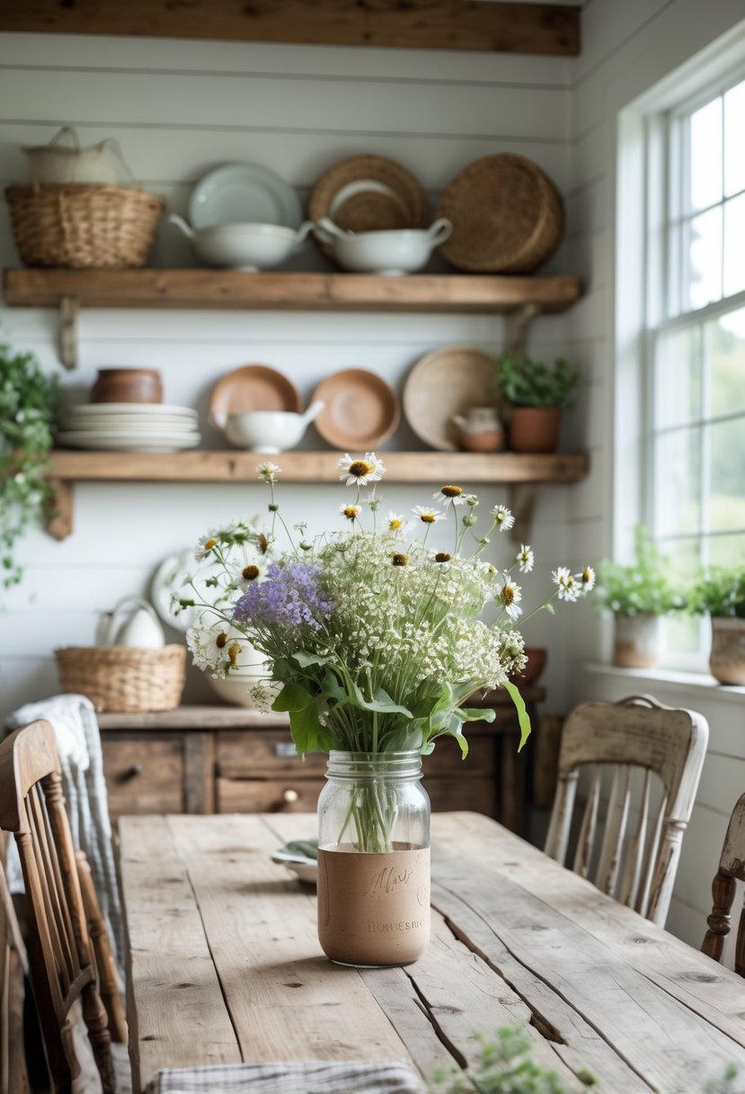 A cozy farmhouse dining area with a wooden table, wildflower centerpiece, open shelves with dishes and plants, and natural light coming through a window.