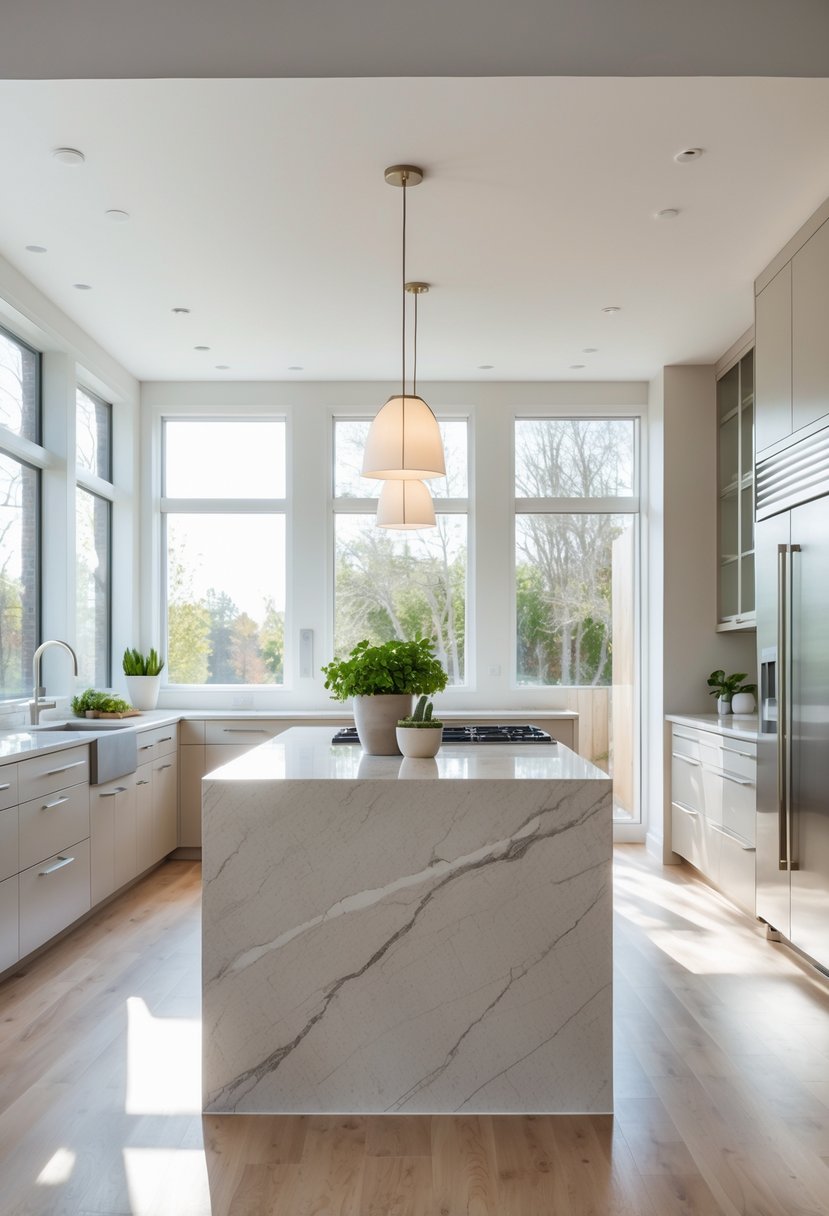 A bright modern kitchen with a large marble island, sleek cabinets, stainless steel appliances, and natural light coming through large windows.