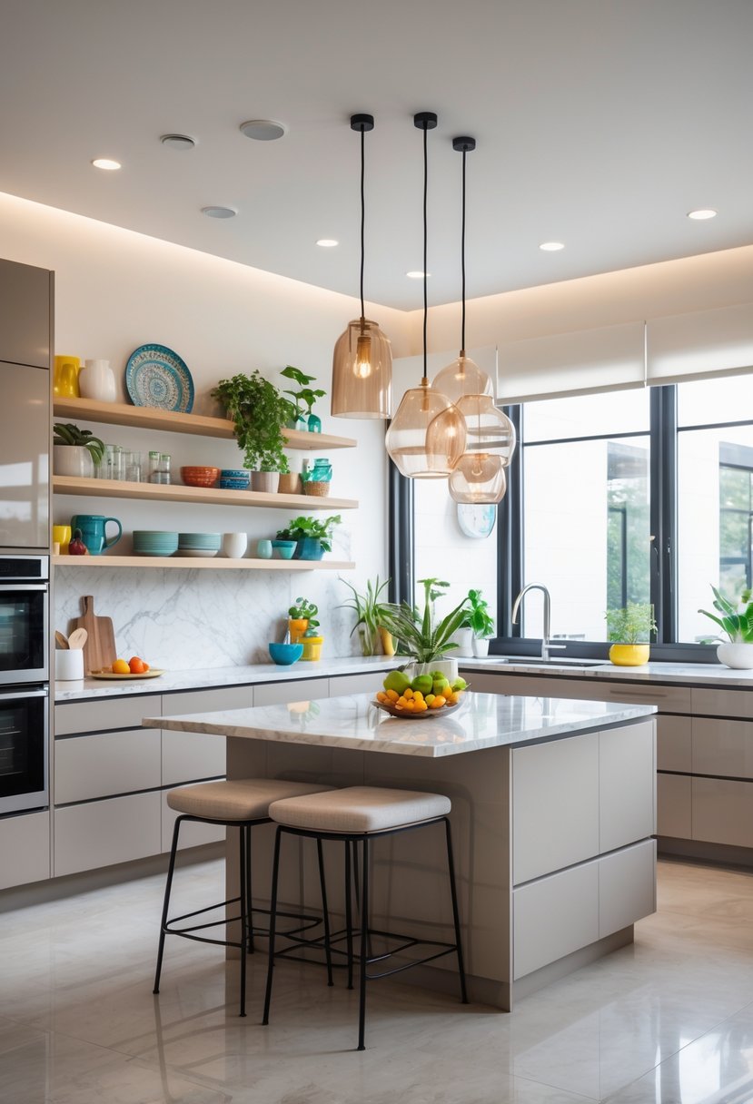 A bright modern kitchen with a large island, open shelves, and personalized decorative items.
