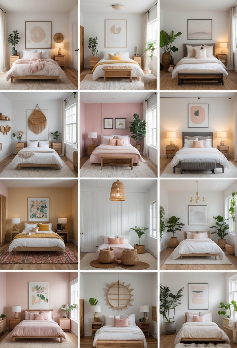 A grid of nine different bedroom interiors, each with a bed, furniture, and decorative items arranged in various styles.