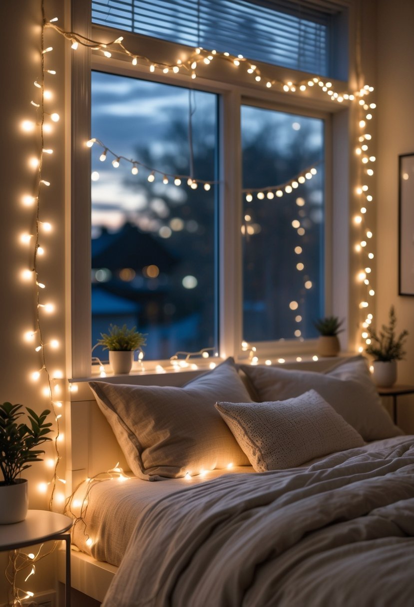 A cozy bedroom with fairy string lights around a window and headboard, softly lighting the bed and surrounding area.