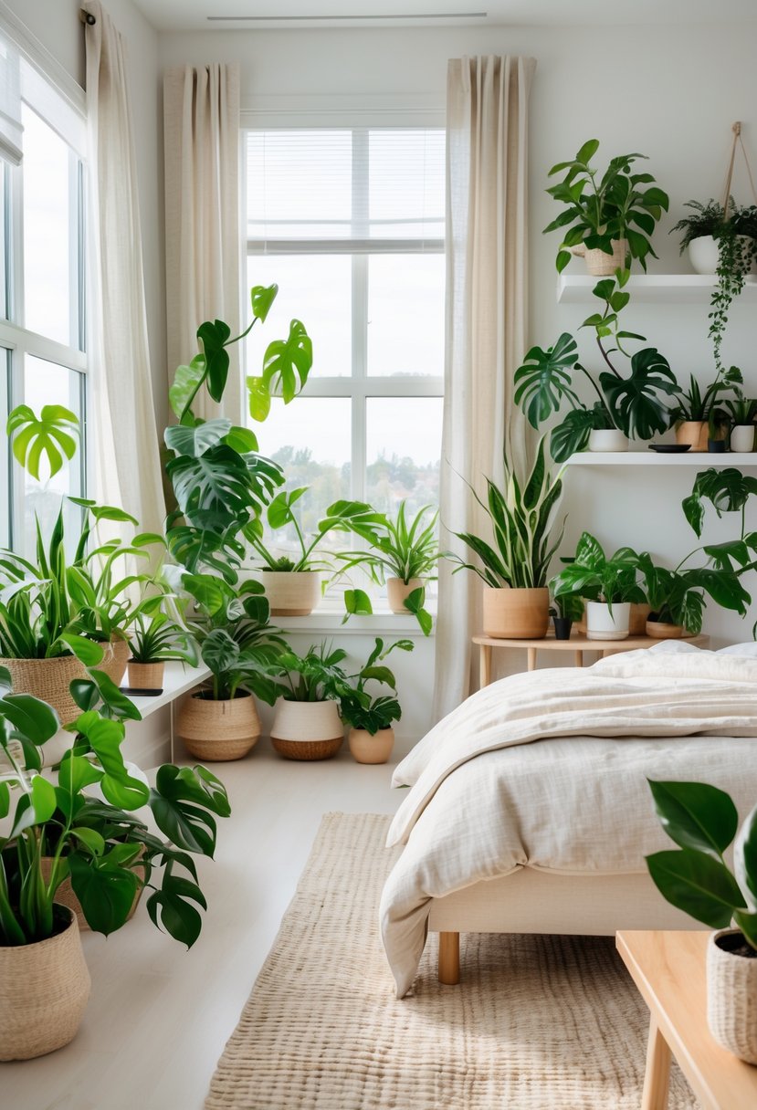 A bedroom with a bed, wooden furniture, and various green indoor plants placed around the room near windows.