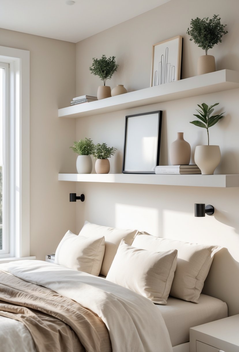 A bedroom with floating shelves displaying plants, vases, framed art, and books above a neatly made bed.