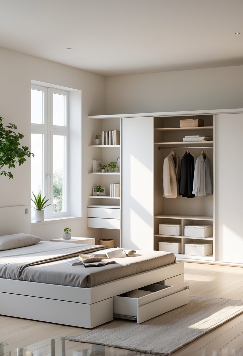 A bright bedroom with a bed featuring built-in drawers, floating nightstand, wall shelves with decor, and an open wardrobe showing organized clothes and boxes.