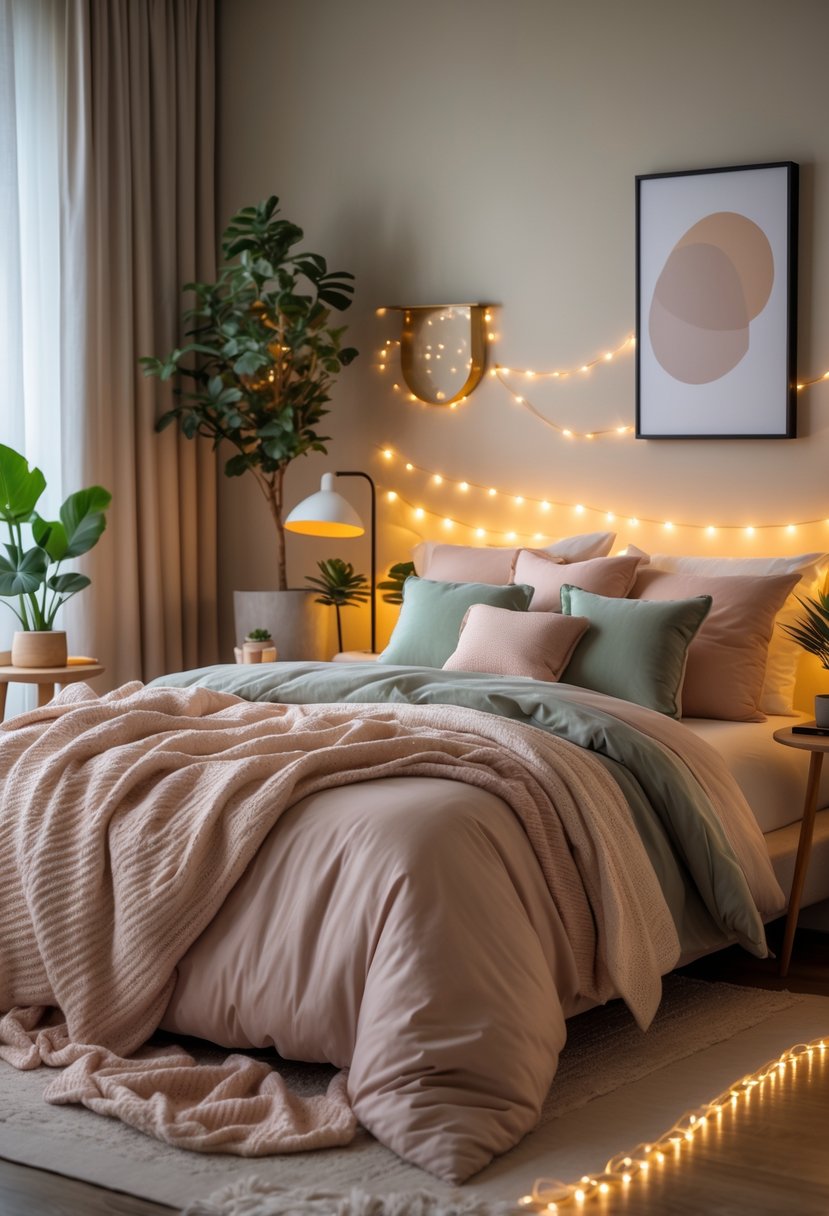 A cozy bedroom with a neatly made bed, warm ambient lighting, plants, and wooden furniture creating a calm and inviting atmosphere.